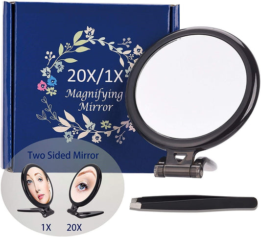 20X Magnifying Hand Mirror Two Sided Use for Makeup Application, Tweezing, and Blackhead/Blemish Removal (10 cm Black)