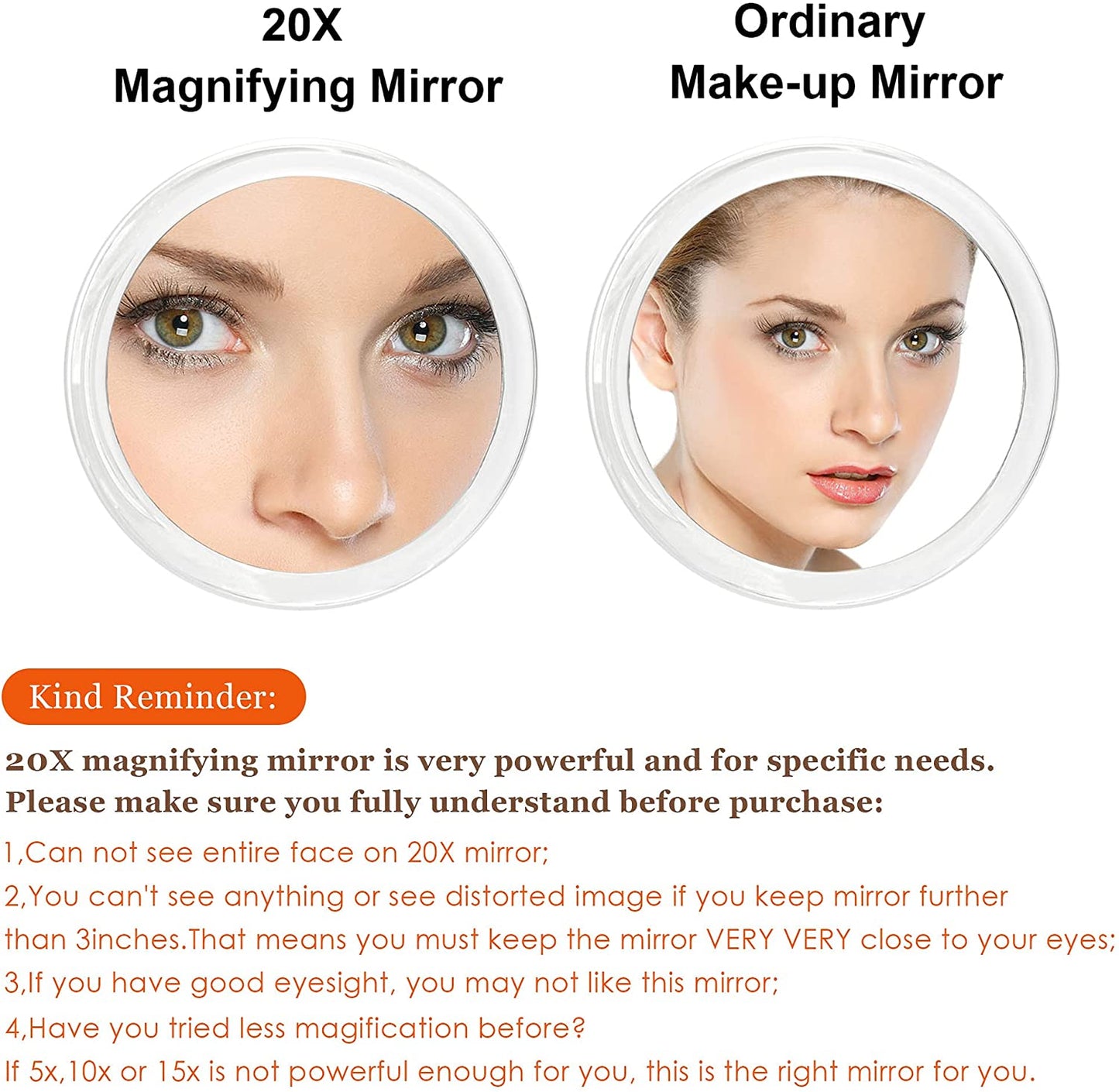 20X Magnifying Hand Mirror with Suction Cups Use for Makeup Application, Tweezing, and Blackhead/Blemish Removal (15 cm White)