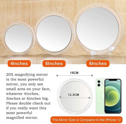 20X Magnifying Hand Mirror with Suction Cups Use for Makeup Application, Tweezing, and Blackhead/Blemish Removal (15 cm White)