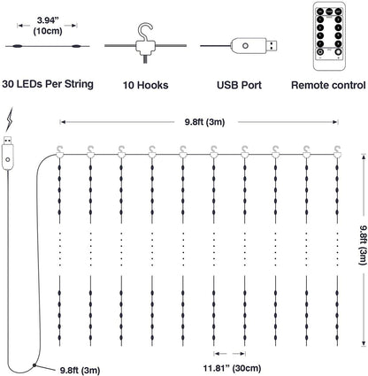 USB Powered 300 LED Curtain String Light with 8 Modes and Remote Control for Bedroom Party Wedding Decorations