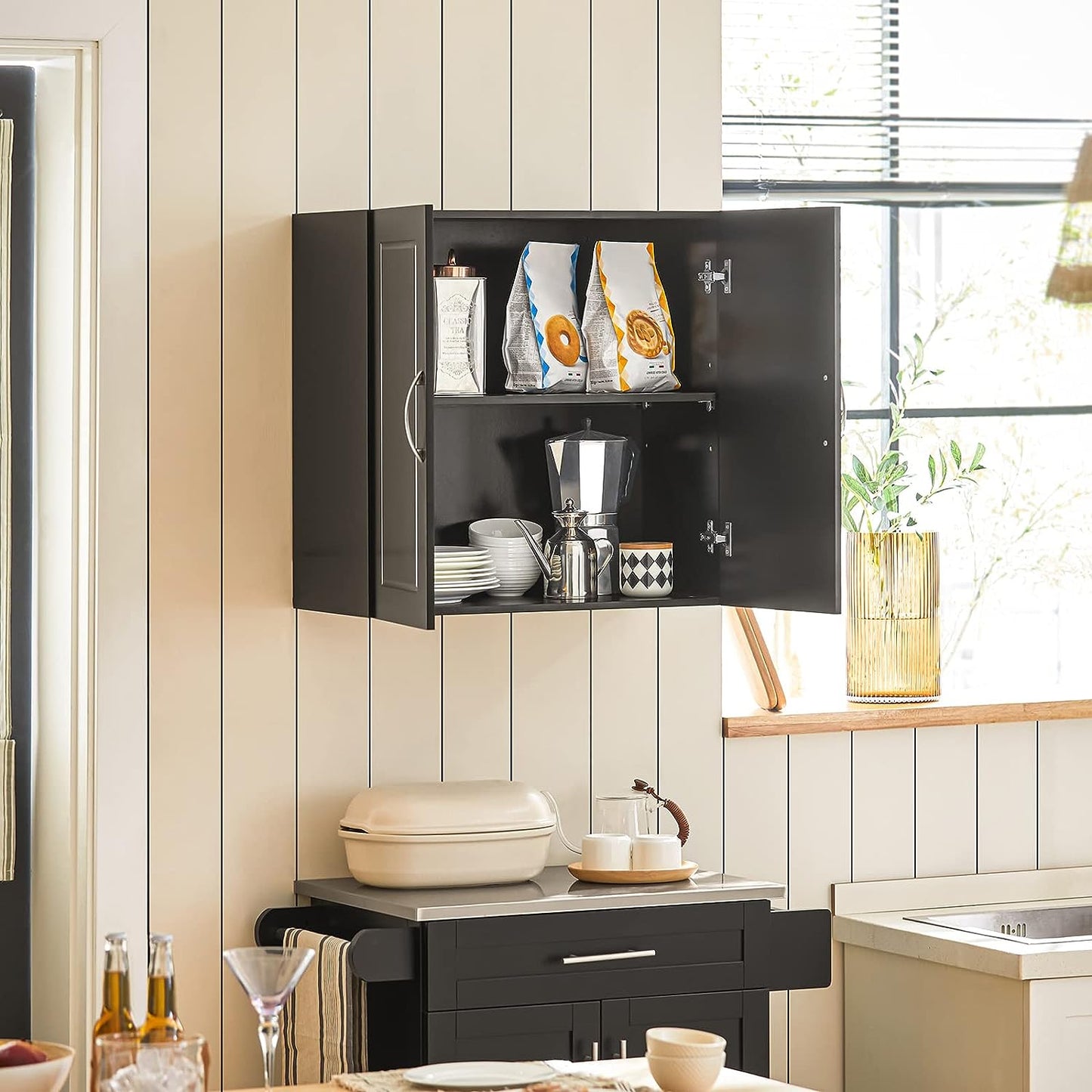 Wall Storage Cabinet Double Doors, Black