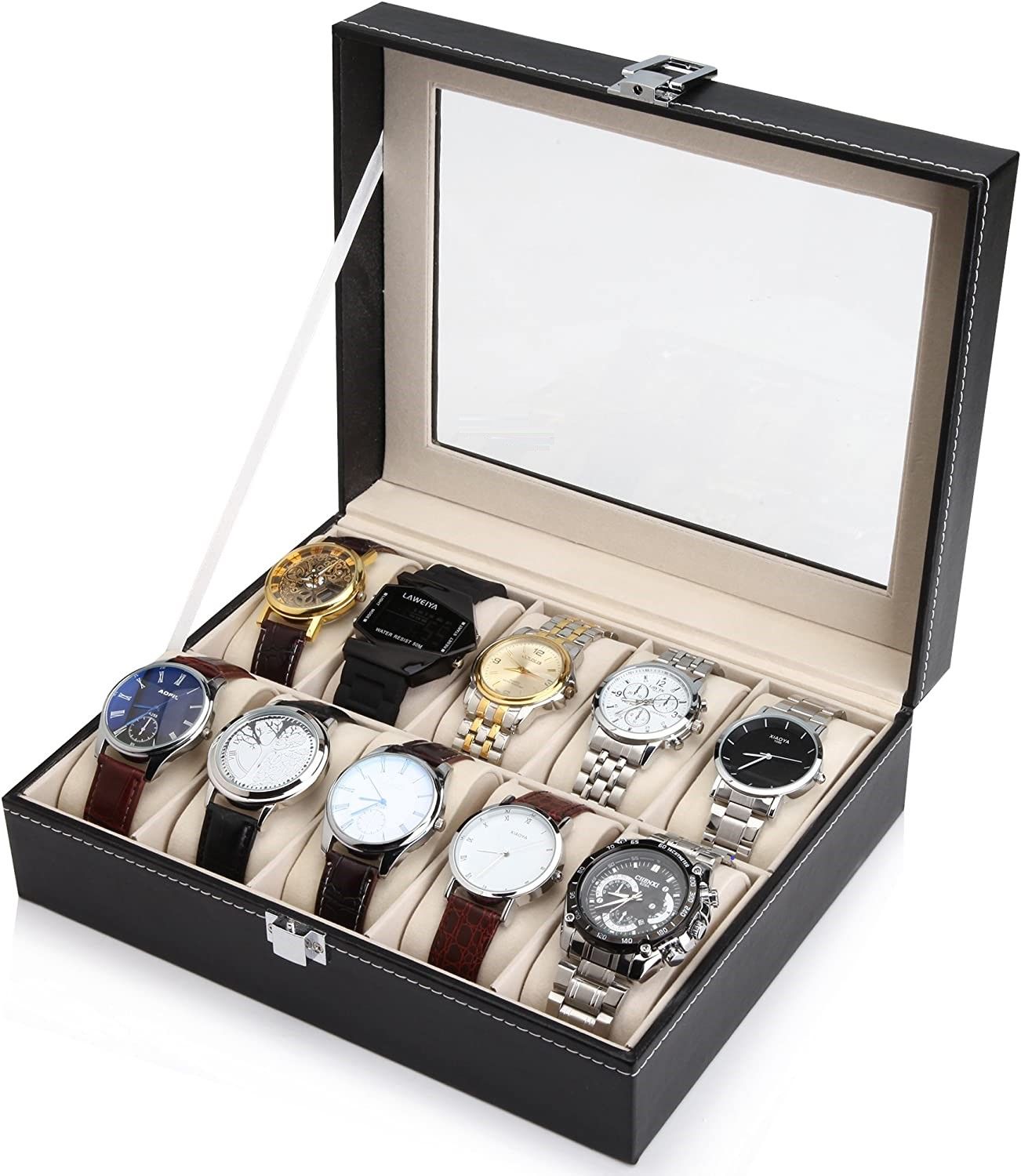 Black PU Leather Watch Organizer Display Storage Box Cases for Men & Women (10 slots)