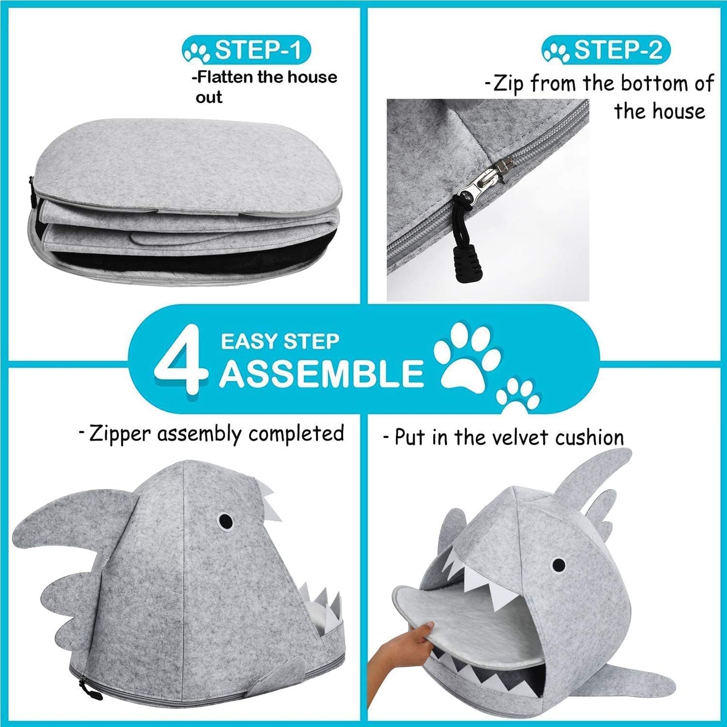 Shark Shape Pet Cave Bed for Cats andSmall Dogs 45 x 45 x 38 cm (Light Grey)