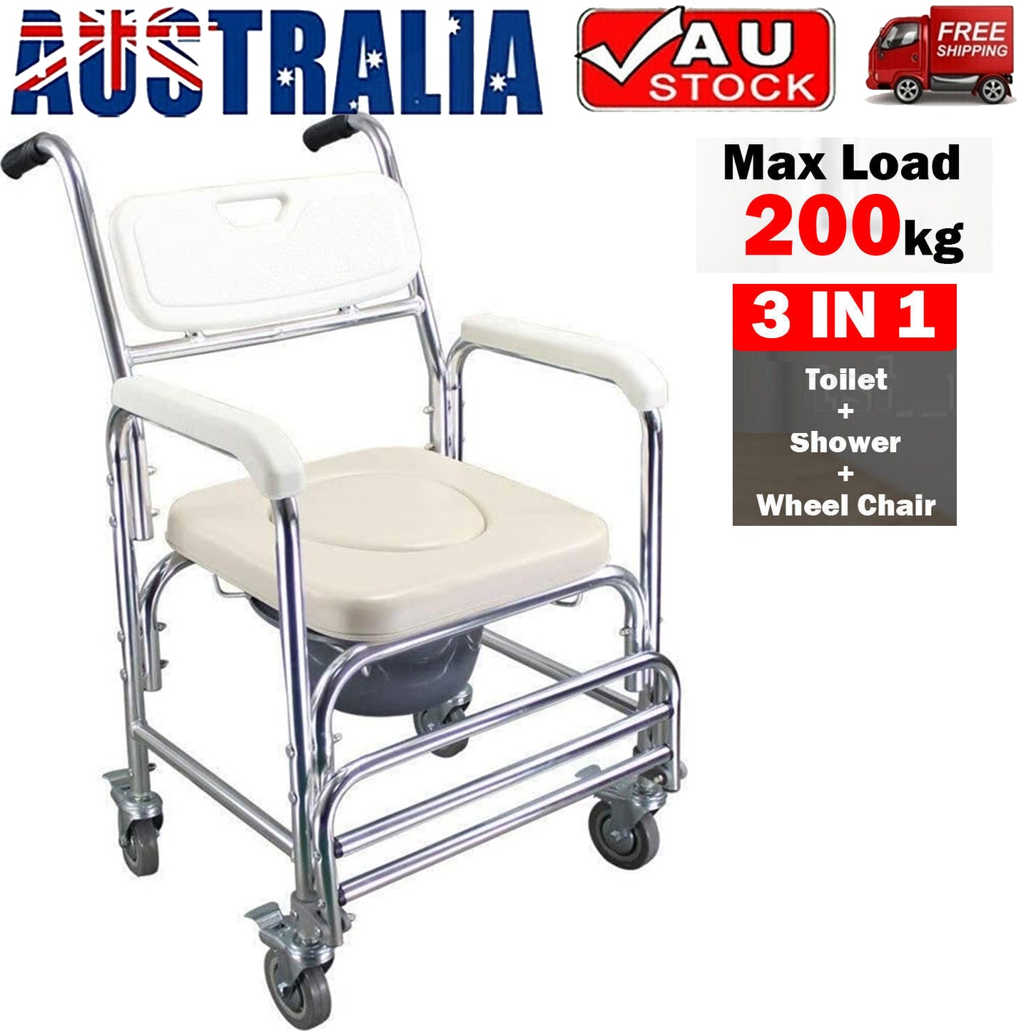 Mobile Shower Toilet Commode Chair Bathroom Aluminum Bedside Footrest Wheelchair