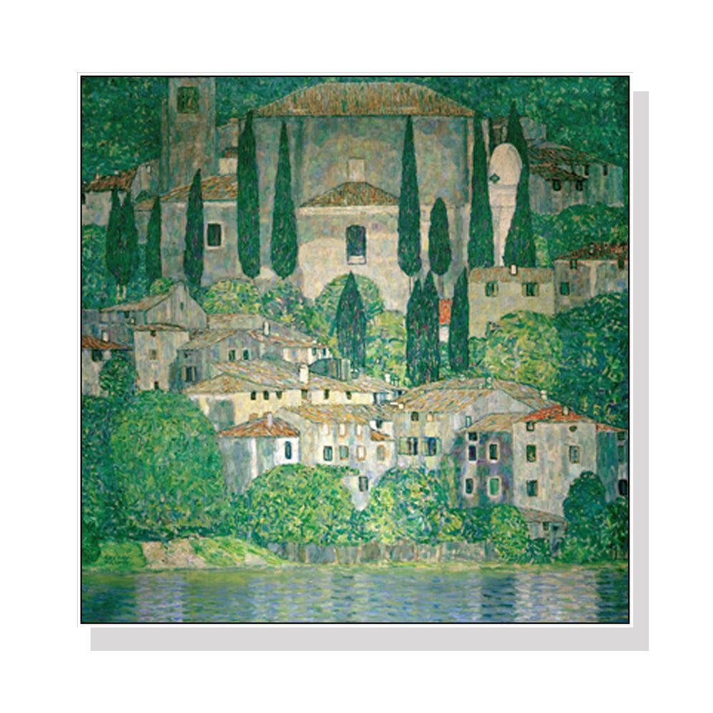 60cmx60cm Kirche In Cassone by Gustav Klimt White Frame Canvas Wall Art