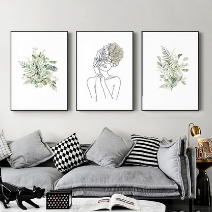 50cmx70cm Botanical Line Girl 3 Sets Black Frame Canvas Wall Art