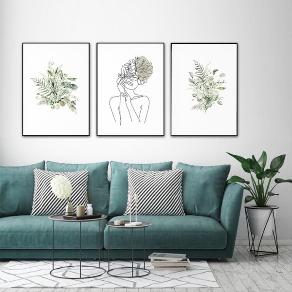 50cmx70cm Botanical Line Girl 3 Sets Black Frame Canvas Wall Art