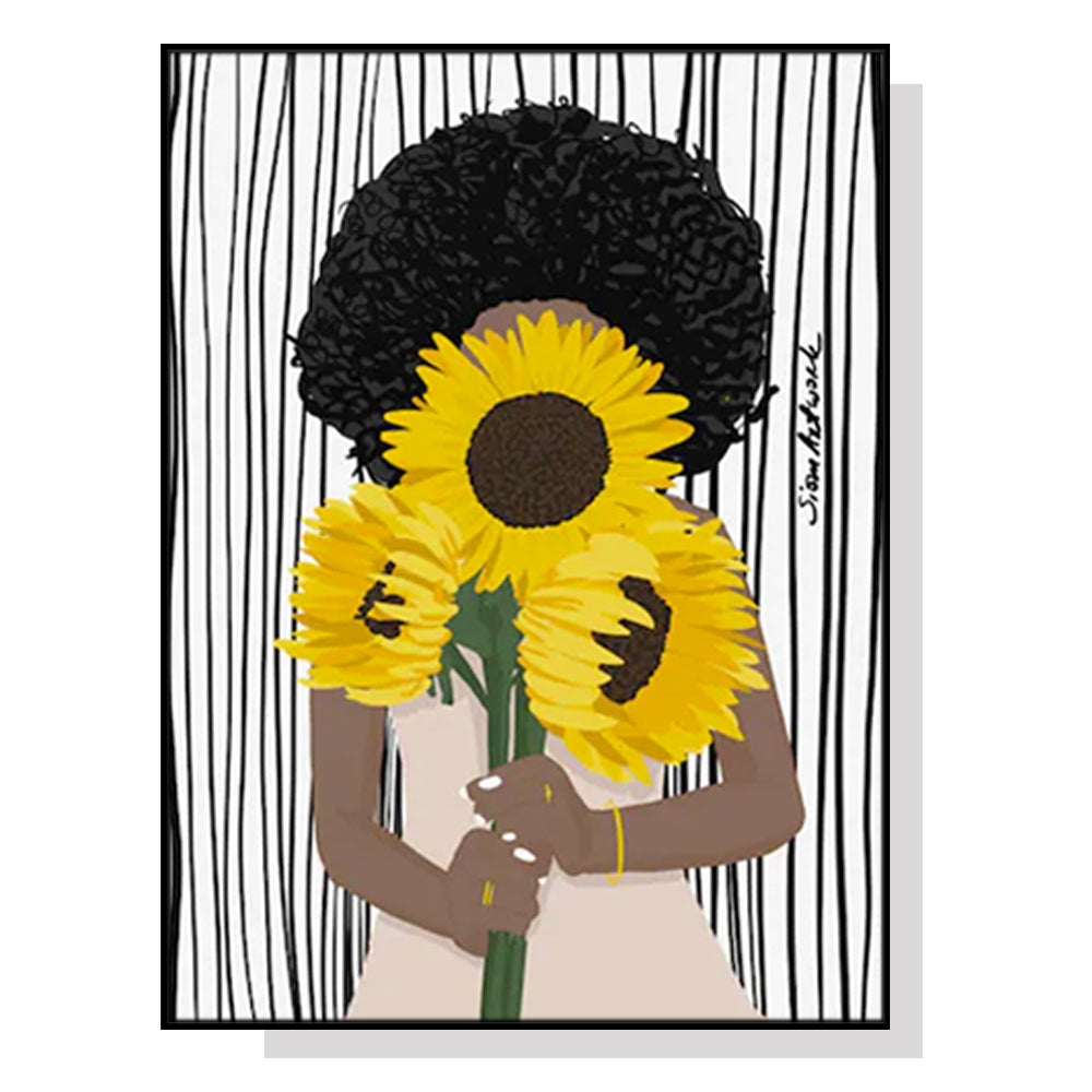 70cmx100cm African Woman Sunflower Black Frame Canvas Wall Art