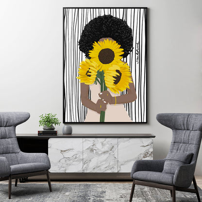 70cmx100cm African Woman Sunflower Black Frame Canvas Wall Art