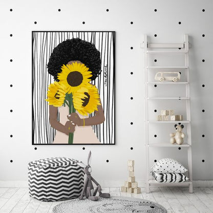 70cmx100cm African Woman Sunflower Black Frame Canvas Wall Art