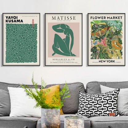 40cmx60cm Flower Market, Matisse Print, Yayoi Kusama 3 Sets Black Frame Canvas Wall Art