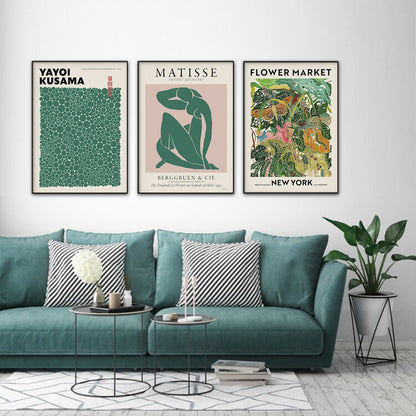 50cmx70cm Flower Market, Matisse Print, Yayoi Kusama 3 Sets Black Frame Canvas Wall Art