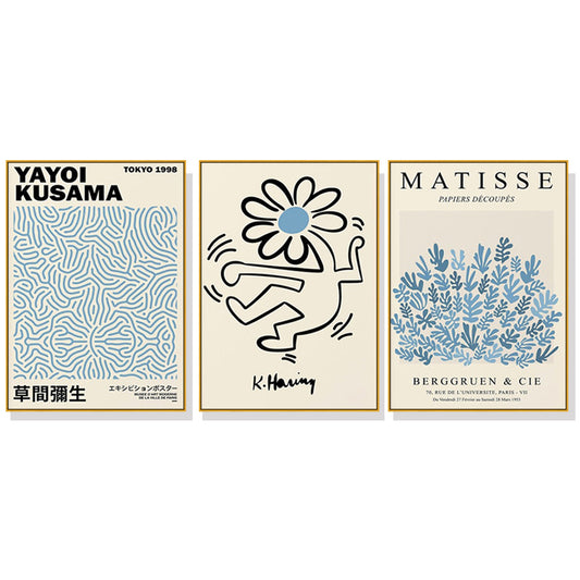 40cmx60cm Blue Matisse,Yayoi Kusama, Keith Haring Mix Art 3 Sets Gold Frame Canvas Wall Art