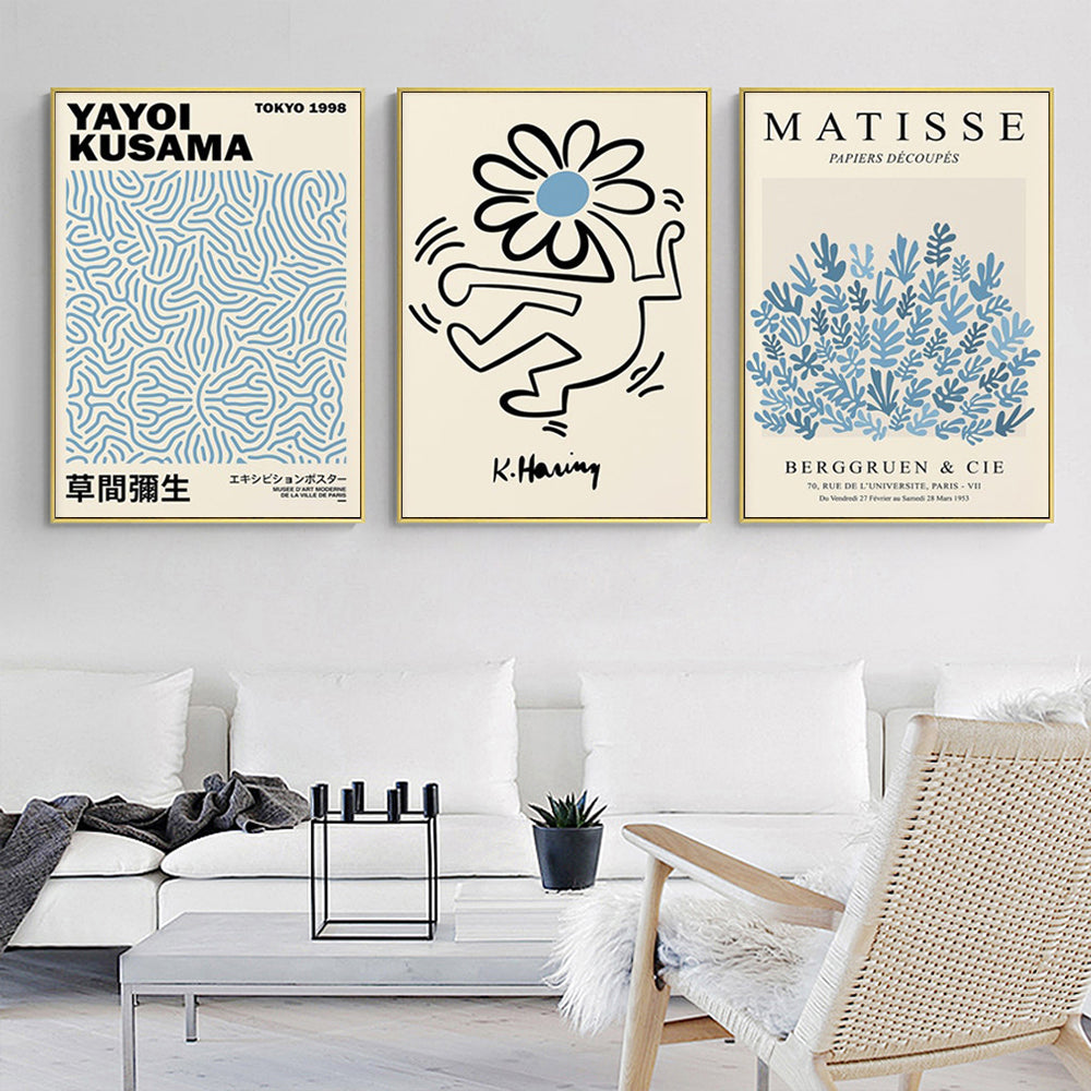 50cmx70cm Blue Matisse,Yayoi Kusama, Keith Haring Mix Art 3 Sets Gold Frame Canvas Wall Art