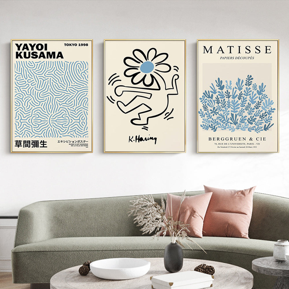 60cmx90cm Blue Matisse,Yayoi Kusama, Keith Haring Mix Art 3 Sets Gold Frame Canvas Wall Art