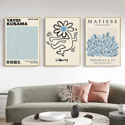 60cmx90cm Blue Matisse,Yayoi Kusama, Keith Haring Mix Art 3 Sets Gold Frame Canvas Wall Art