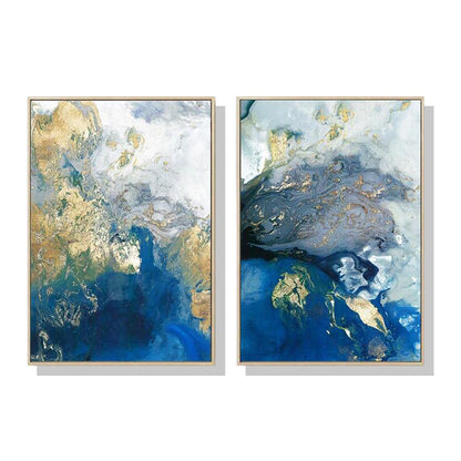 70cmx100cm Marbled Blue And Gold 2 Sets Gold Frame Canvas Wall Art