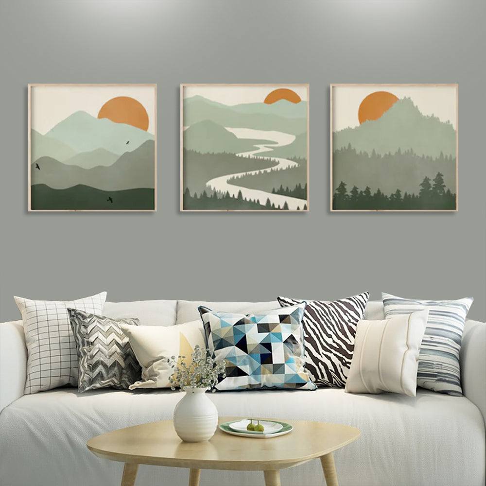 50cmx50cm Sage Green Landscapes 3 Sets Wood Frame Canvas Wall Art