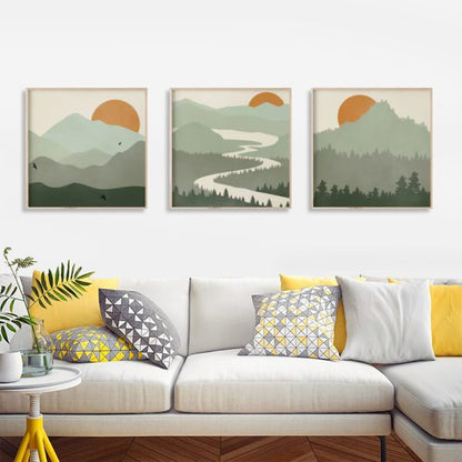 60cmx60cm Sage Green Landscapes 3 Sets Wood Frame Canvas Wall Art