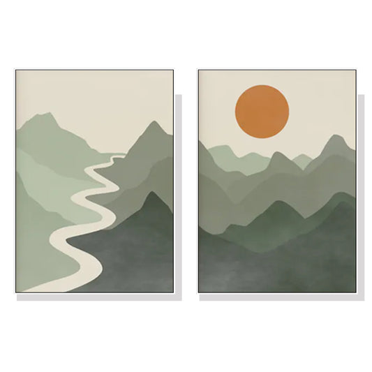 50cmx70cm Sage Green River Mountain 2 Sets White Frame Canvas Wall Art