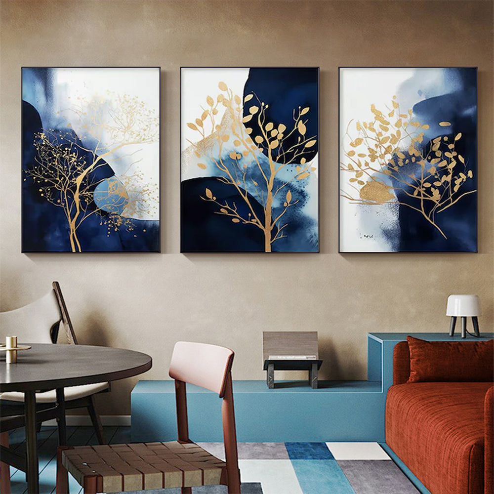 60cmx90cm Navy and Gold Watercolor Shapes 3 Sets Black Frame Canvas Wall Art