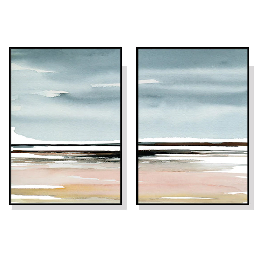 100cmx150cm Pink Beach Landscape 2 Sets Black Frame Canvas Wall Art