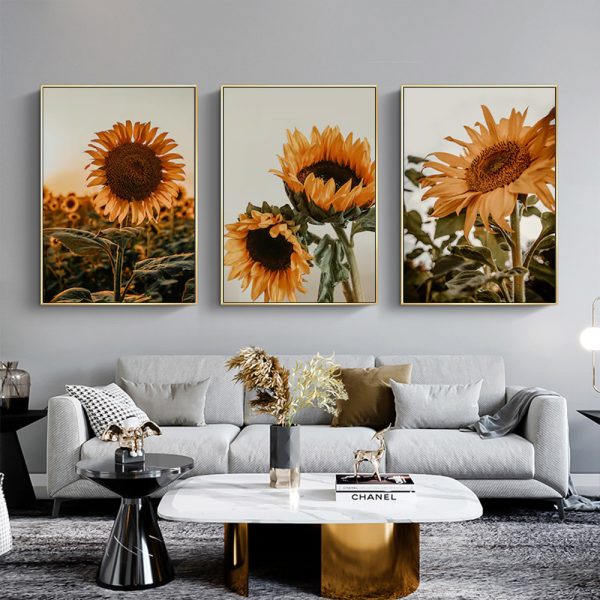 70cmx100cm Sunflower 3 Sets Gold Frame Canvas Wall Art