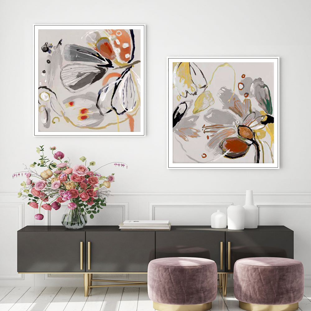 40cmx40cm Blooming Spring Floral 2 Sets White Frame Canvas Wall Art