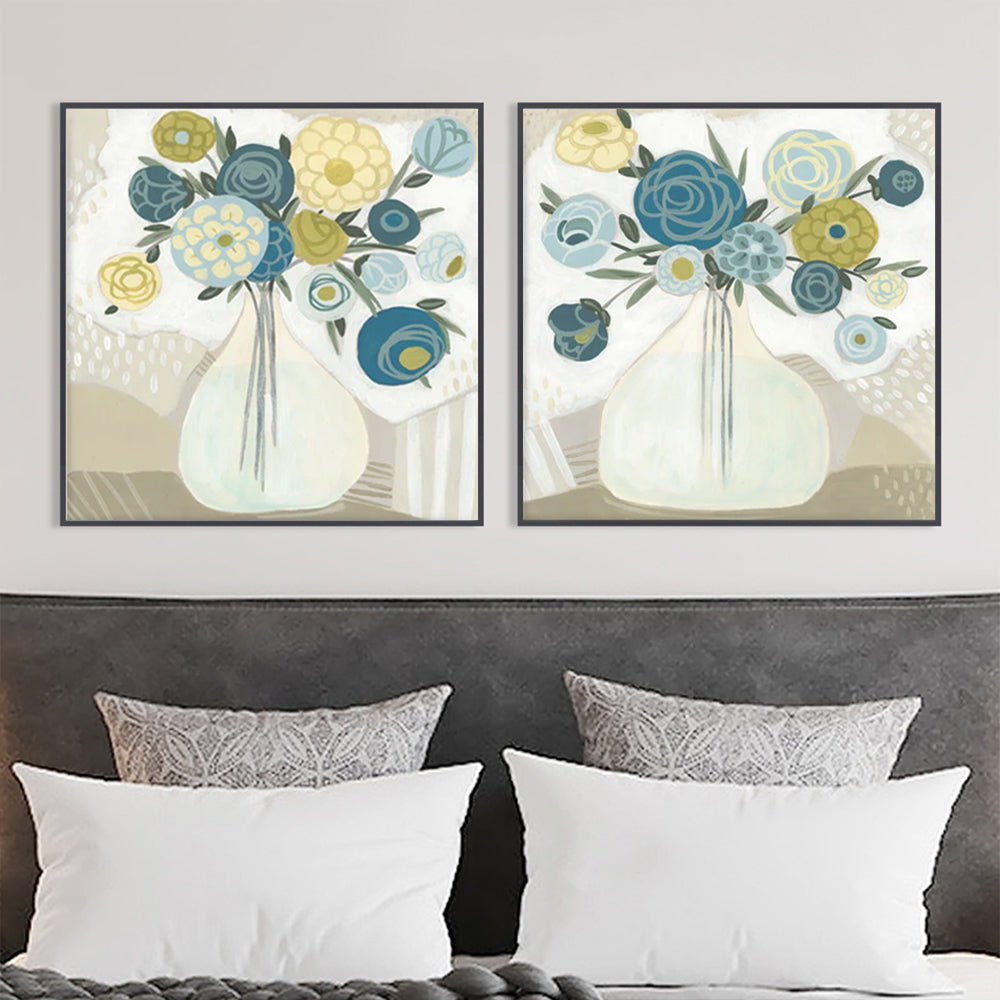 40cmx40cm Blue Bouquet 2 Sets Black Frame Canvas Wall Art