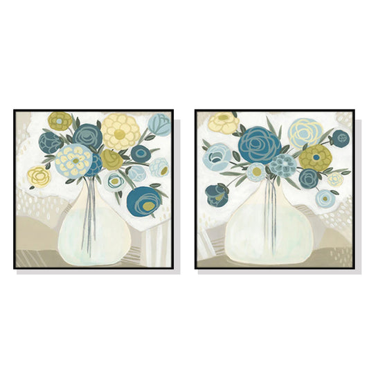 100cmx100cm Blue Bouquet 2 Sets Black Frame Canvas Wall Art