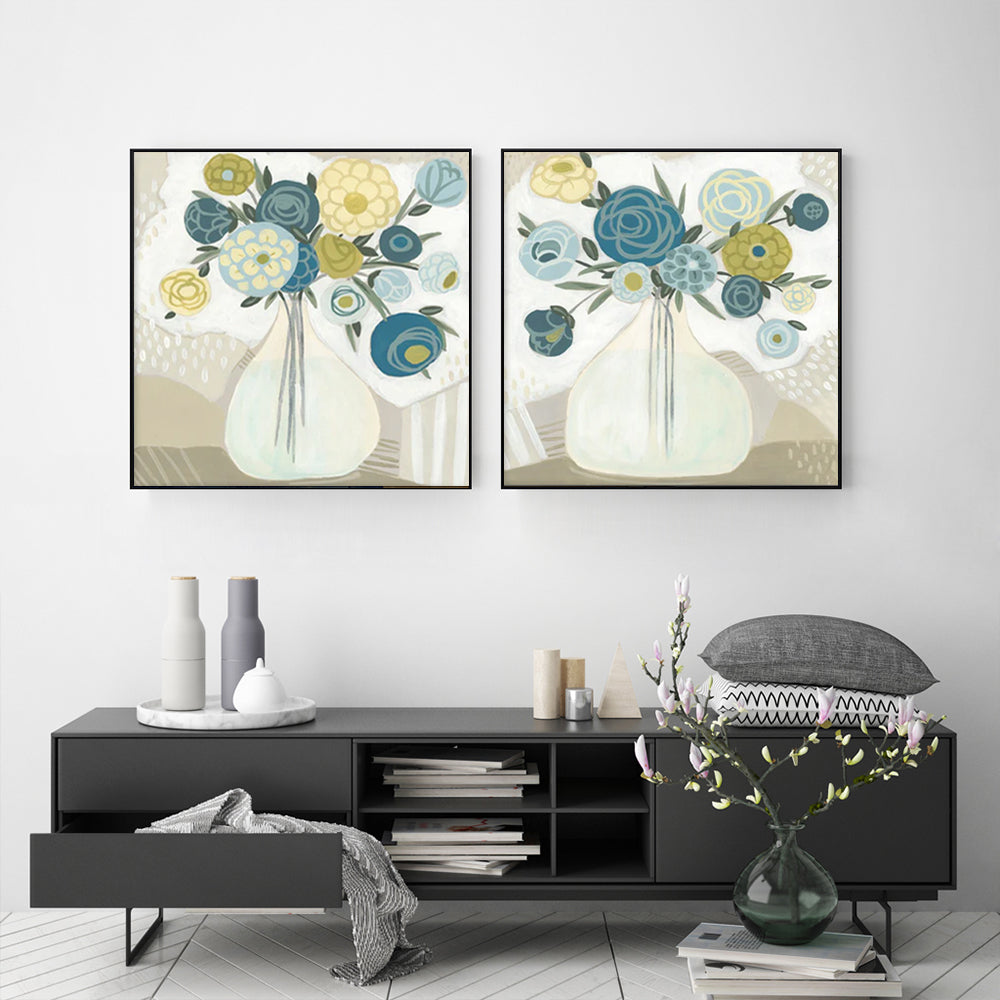 60cmx60cm Blue Bouquet 2 Sets Black Frame Canvas Wall Art