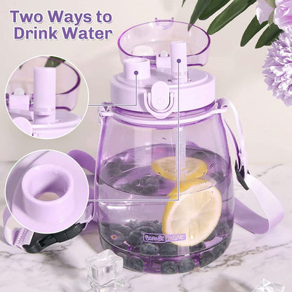 Clear Large Water Bottle Water Jug with Adjustable Shoulder Strap - Purple