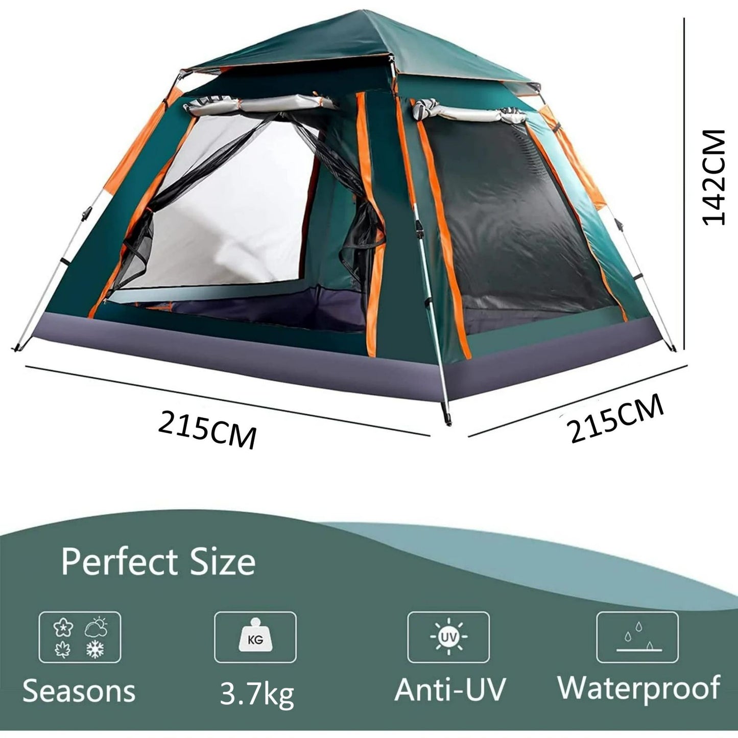 Instant Pop Up Tent For Hiking 2/3/4 Person Camping Tents, Waterproof Windproof Family Tent With Top Rainfly, Easy Set Up, Portable With Carry Bag, With UV Protection  / GREEN-ORANGE