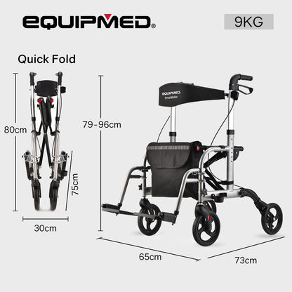 EQUIPMED 2-in-1 Folding Rollator Wheelchair Adjustable Mobility Walker w/ Park Brakes & Bag, Silver