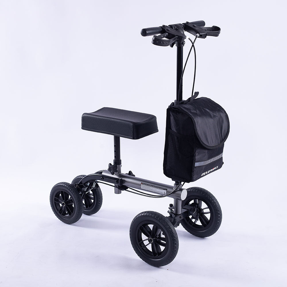 EQUIPMED Knee Scooter Walker, 10 inch Tyres Dual Brakes Bag - Broken Leg Ankle Foot Mobility - Crutches Alternative - Titanium colour