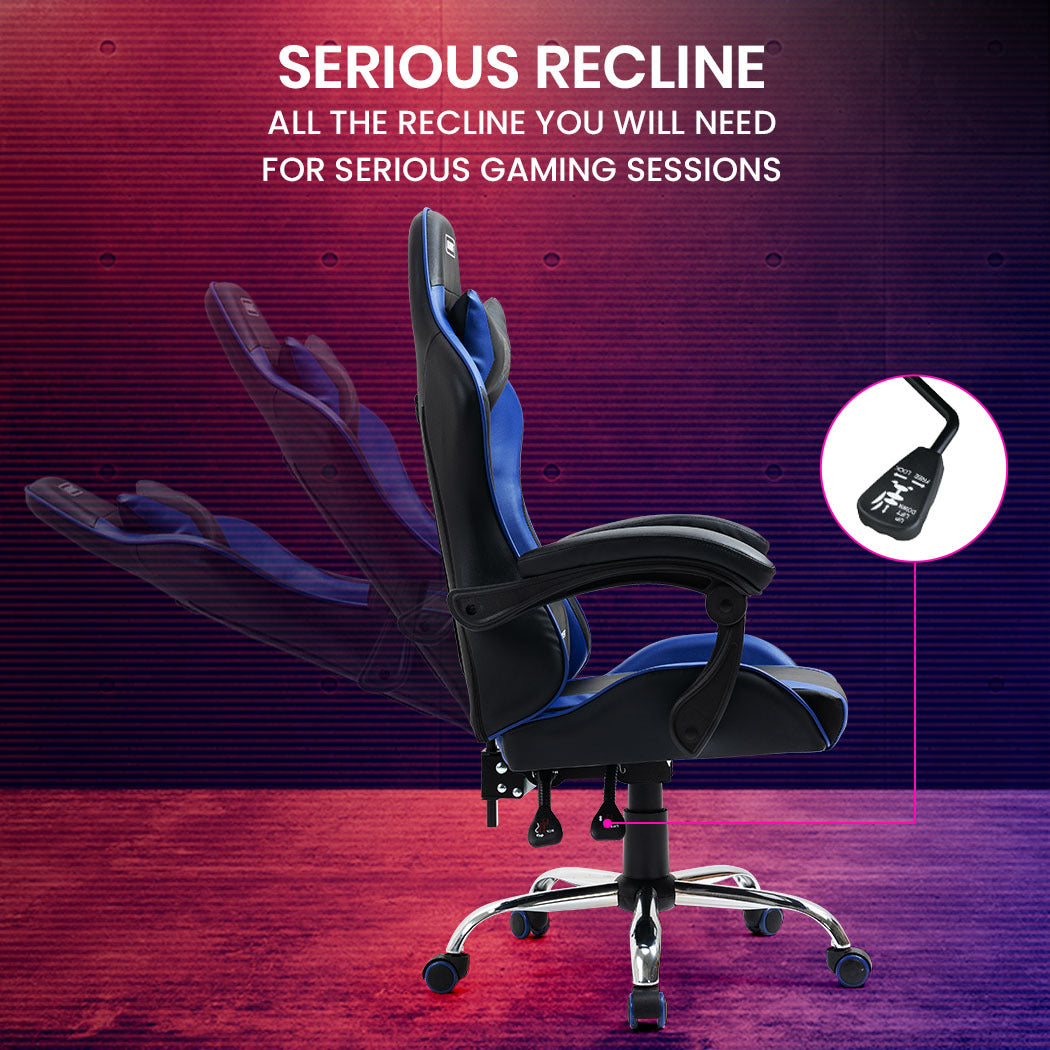 OVERDRIVE Conquest Series Reclining Gaming Ergonomic Office Chair with Lumbar and Neck Pillows, Black and Blue