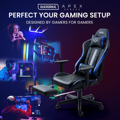 OVERDRIVE Apex Series Reclining Gaming Ergonomic Office Chair with Footrest, Black and Blue