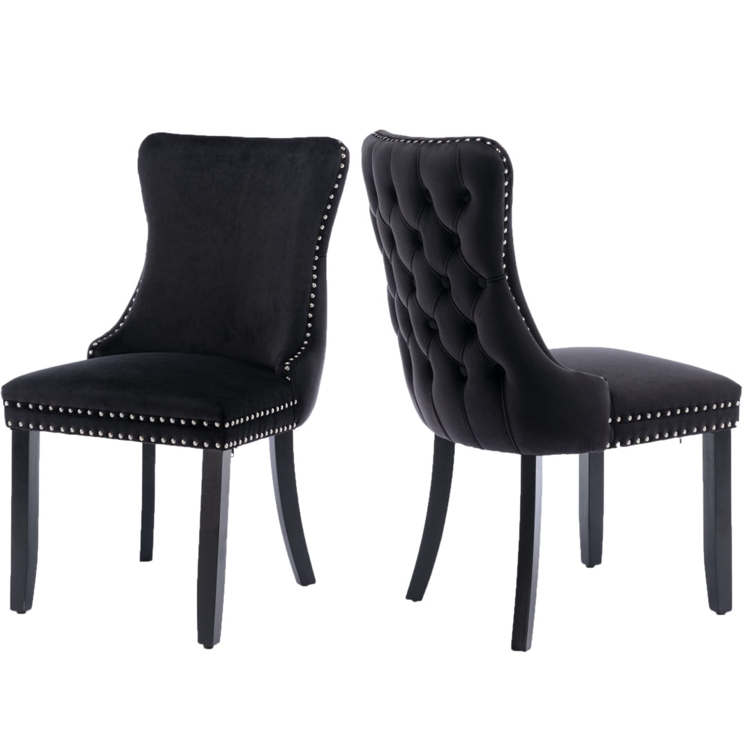 4x Velvet Upholstered Dining Chairs Tufted Wingback Side Chair with Studs Trim Solid Wood Legs for Kitchen