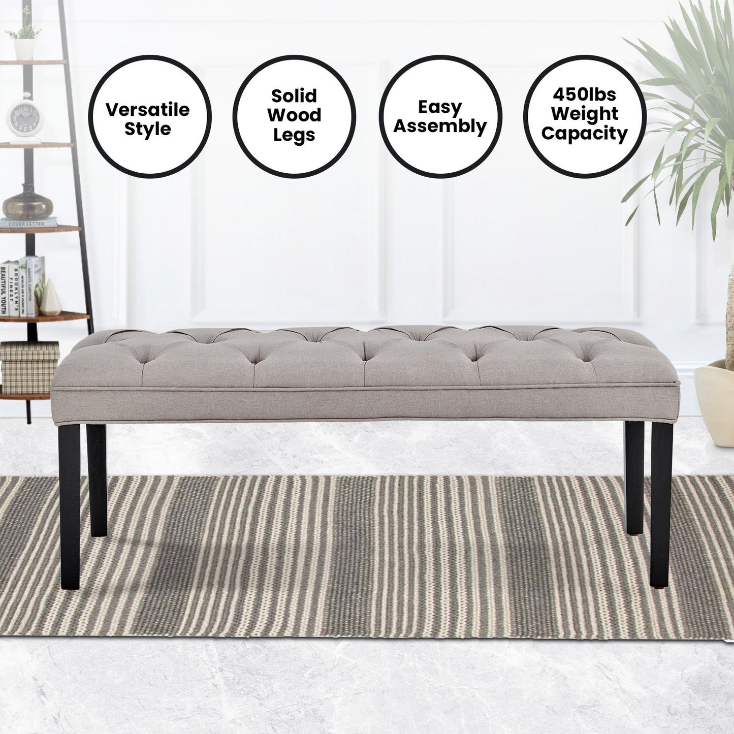 Sarantino Cate Button-tufted Upholstered Bench With Tapered Legs By Sarantino - Light Grey