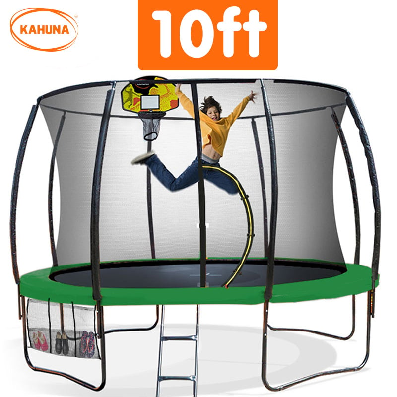 Kahuna 10ft Outdoor Trampoline With Safety Enclosure Pad Ladder Basketball Hoop Set Green