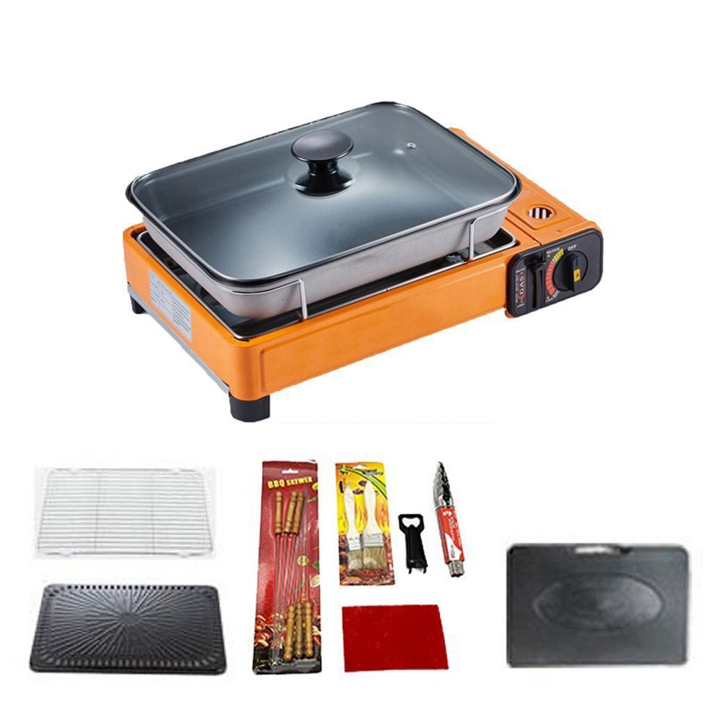 Portable Gas Stove Burner Butane BBQ Camping Gas Cooker With Non Stick Plate Orange with Fish Pan and Lid