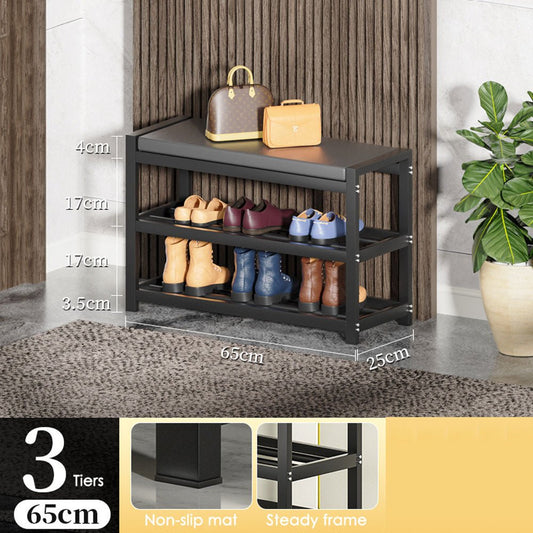 3 Tiers 65cm Width Sturdy Steel Multi-layer Shoe Rack with Bench Entryway Shoe Storage Organizer