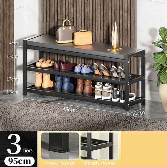 3 Tiers 95cm Width Sturdy Steel Multi-layer Shoe Rack with Bench Entryway Shoe Storage Organizer