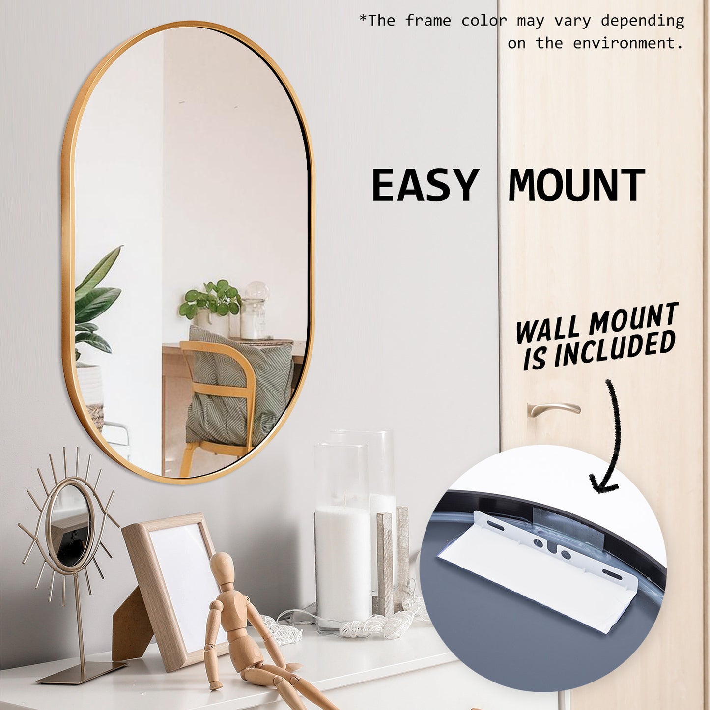 2 Set La Bella Gold Wall Mirror Oval Aluminum Frame Makeup Decor Bathroom Vanity 50x75cm