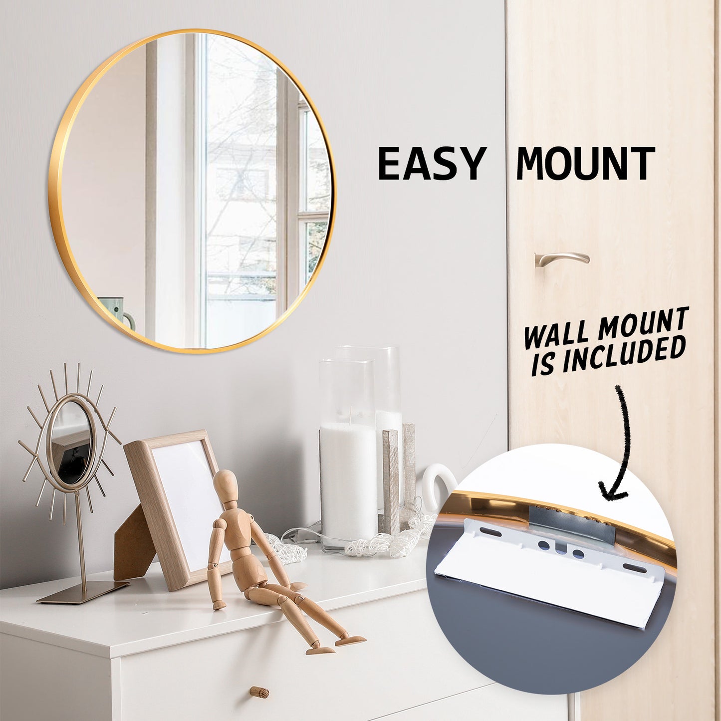 La Bella Gold Wall Mirror Round Aluminum Frame Makeup Decor Bathroom Vanity 60cm