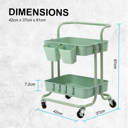 Kandoka 2 Tier Green Trolley Cart Storage Utility Rack Organiser Swivel Kitchen