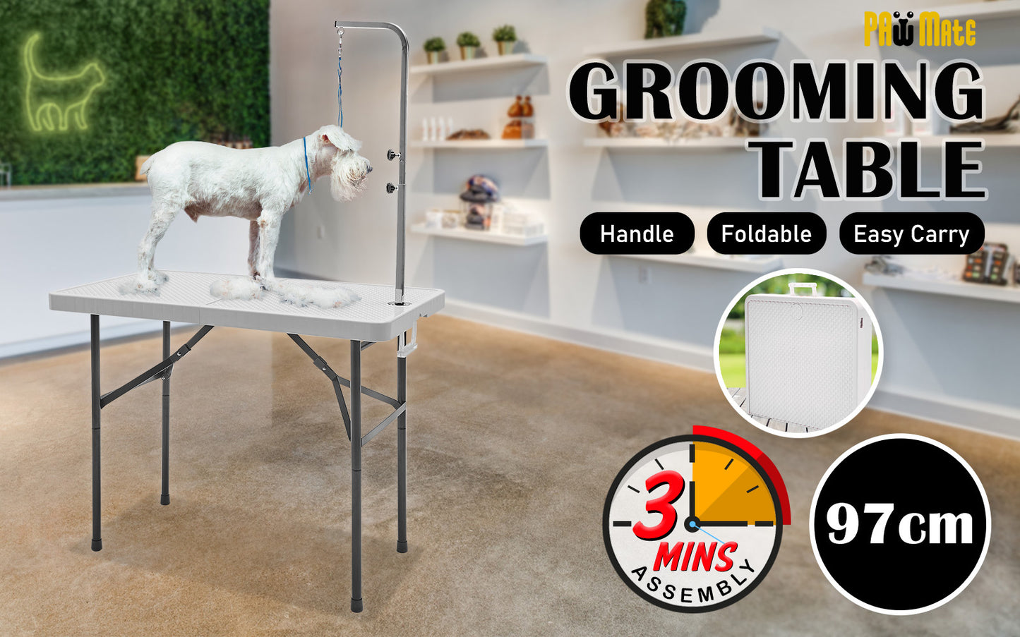 Paw Mat 97cm White Dog Cat Pet Grooming Salon Table Foldable Carry Height Adjustable