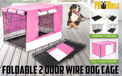 Paw Mate Wire Dog Cage Foldable Crate Kennel 48in with Tray + Pink Cover Combo