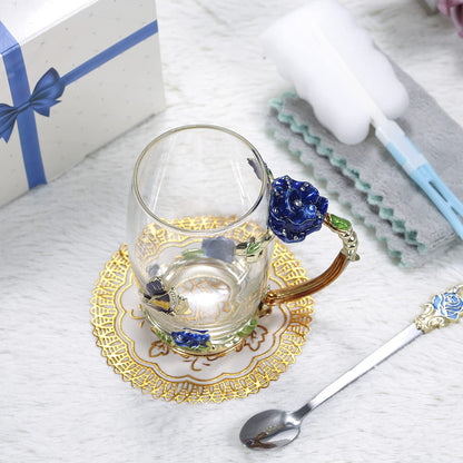 Hand Made Enamel daisy Flower Glass Coffee Mug Tea Cup Spoon Gift Idea Blue