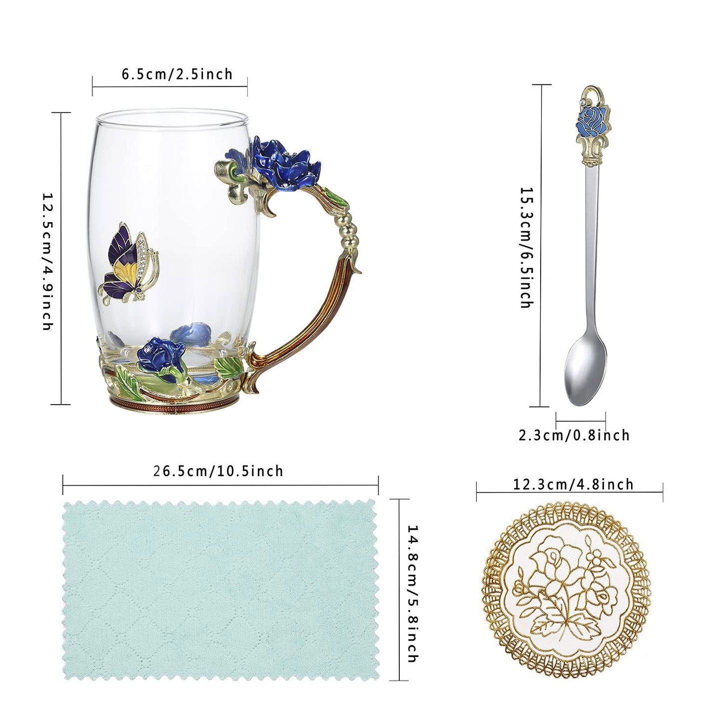 Hand Made Enamel daisy Flower Glass Coffee Mug Tea Cup Spoon Gift Idea Blue